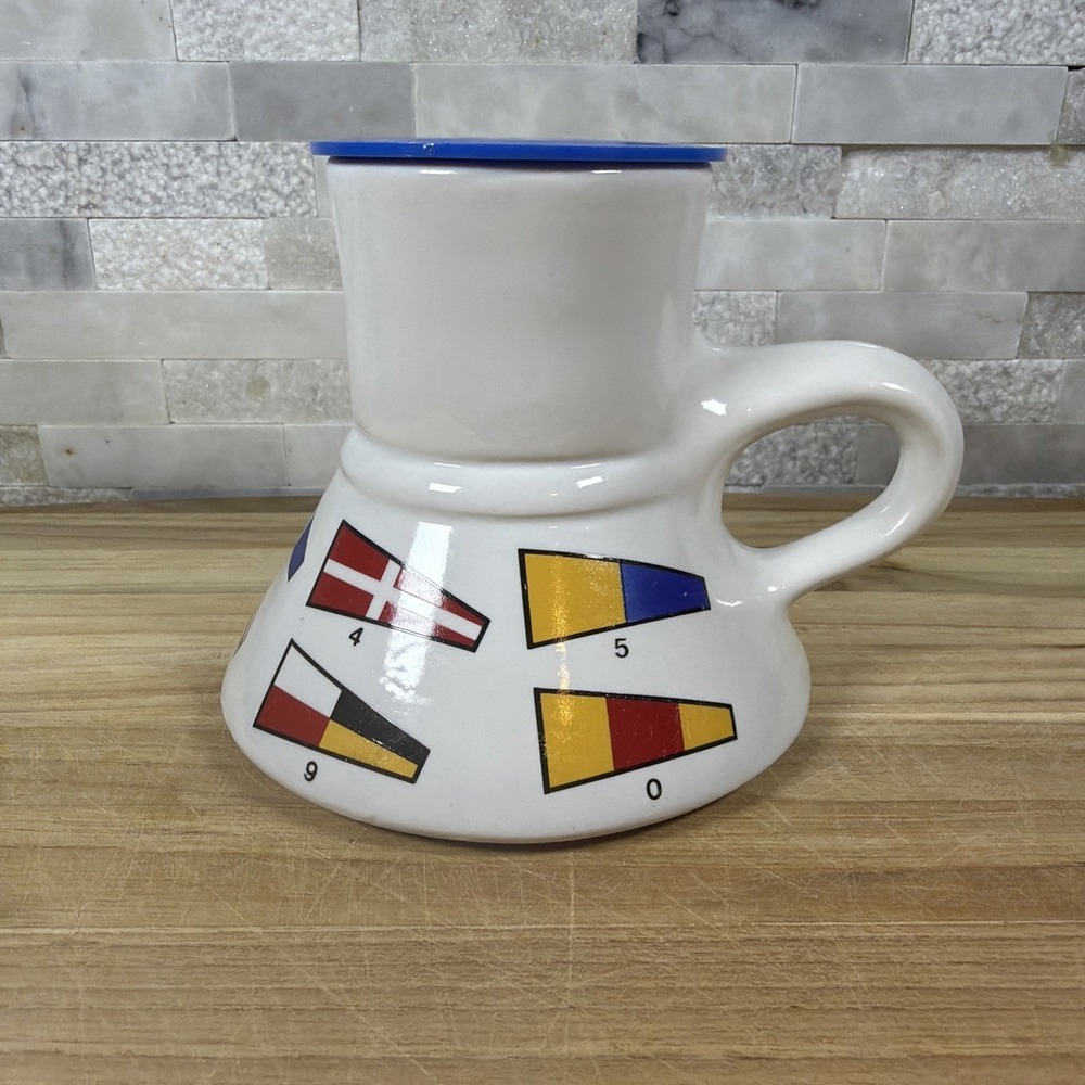 Vintage 1979 Barely Surviving Nautical Signal Flag Porcelain No Tip Mug with Lid